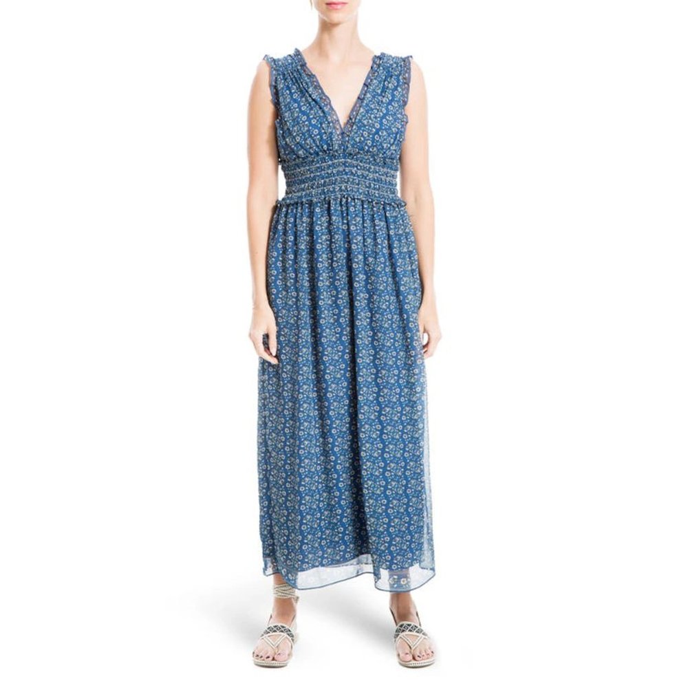 Max Studio Women's Petite Georgette Sleeveless V Neck Smocked Waist Midi Dress S